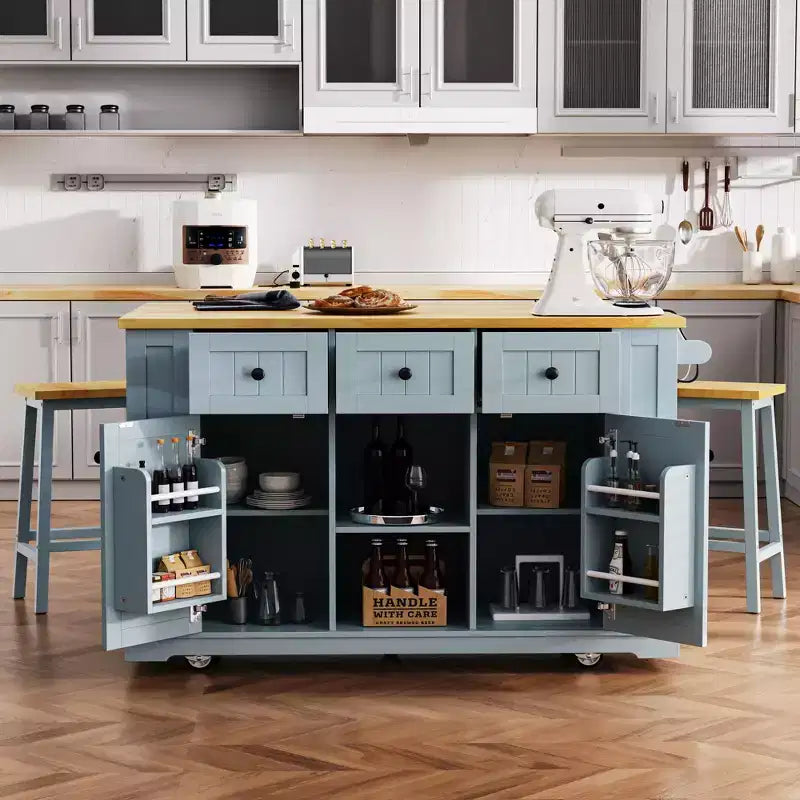 Îlot de cuisine CASAINC 50 avec 2 tabourets de bar, abattant, prise de courant, étagères ouvertes et tiroirs sur roulettes