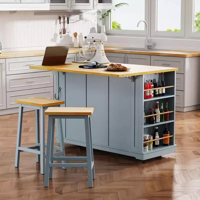 Îlot de cuisine CASAINC 50 avec 2 tabourets de bar, abattant, prise de courant, étagères ouvertes et tiroirs sur roulettes