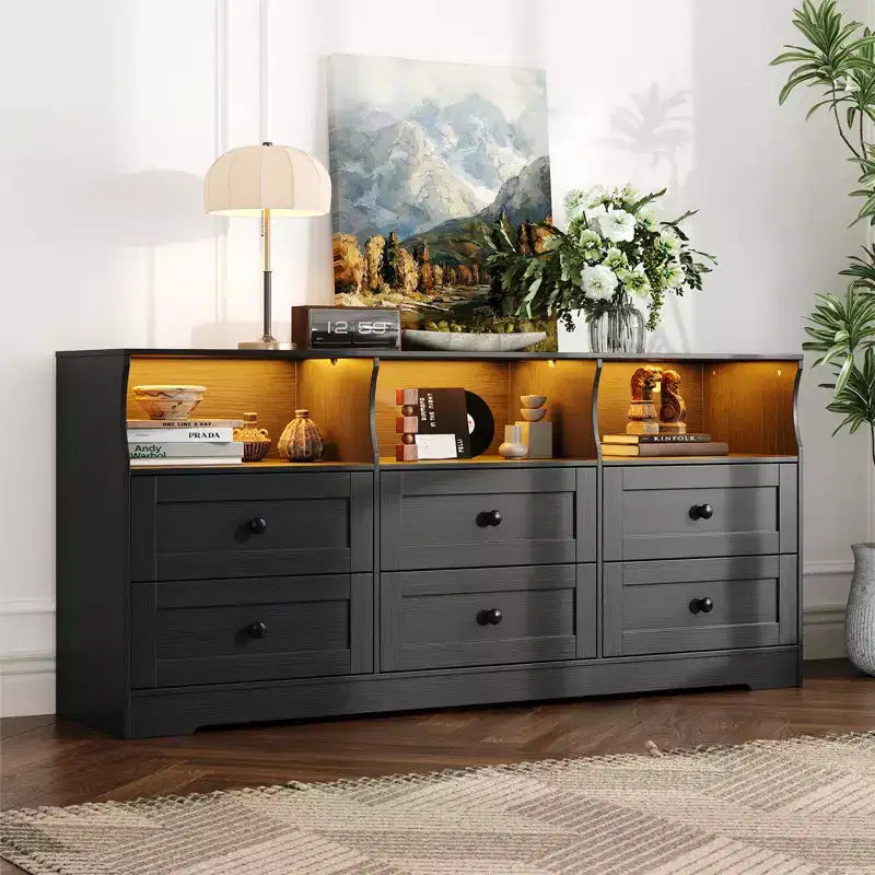 Commode RGB 6 tiroirs de 160 cm avec prise de courant et étagères ouvertes, meuble TV en bois pour salon/chambre, noir