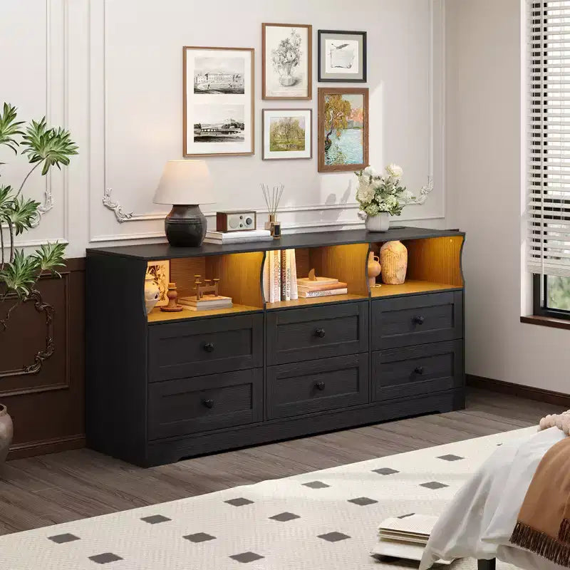 Commode RGB 6 tiroirs de 160 cm avec prise de courant et étagères ouvertes, meuble TV en bois pour salon/chambre, noir