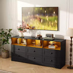 Commode RGB 6 tiroirs de 160 cm avec prise de courant et étagères ouvertes, meuble TV en bois pour salon/chambre, noir