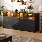 Commode RGB 6 tiroirs de 160 cm avec prise de courant et étagères ouvertes, meuble TV en bois pour salon/chambre, noir