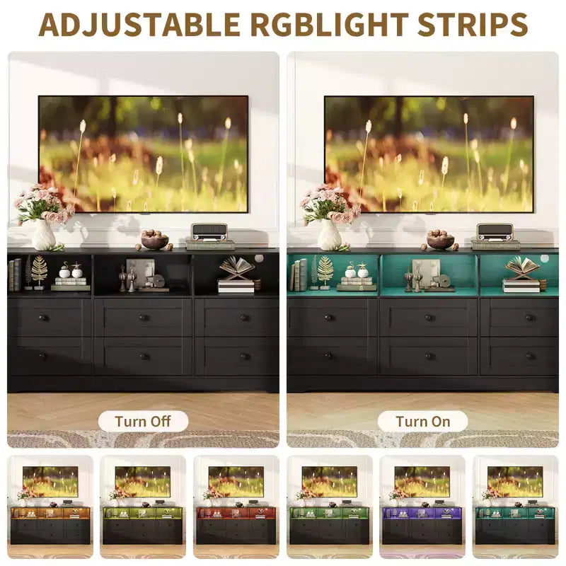 Commode RGB 6 tiroirs de 160 cm avec prise de courant et étagères ouvertes, meuble TV en bois pour salon/chambre, noir