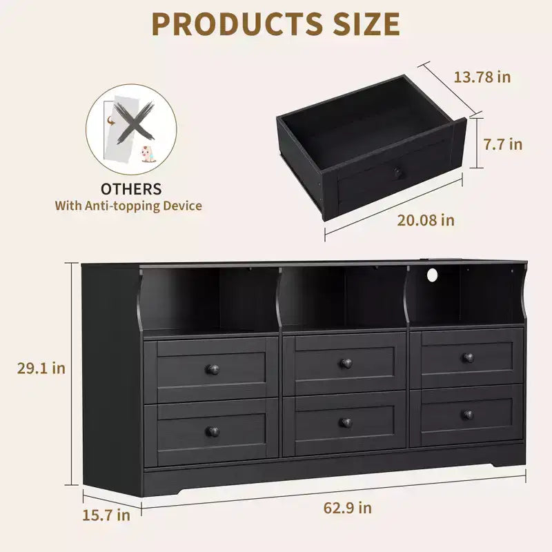 Commode RGB 6 tiroirs de 160 cm avec prise de courant et étagères ouvertes, meuble TV en bois pour salon/chambre, noir