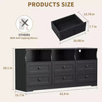 Commode RGB 6 tiroirs de 160 cm avec prise de courant et étagères ouvertes, meuble TV en bois pour salon/chambre, noir