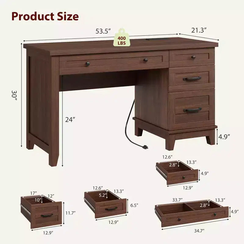 Bureau de direction avec tiroirs, bureau d'ordinateur de style rustique avec station de charge, bureau d'ordinateur en bois de 136 cm avec rangement pour dossiers