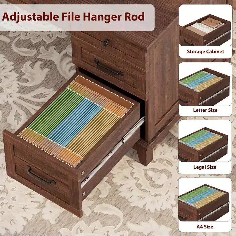 Bureau de direction avec tiroirs, bureau d'ordinateur de style rustique avec station de charge, bureau d'ordinateur en bois de 136 cm avec rangement pour dossiers