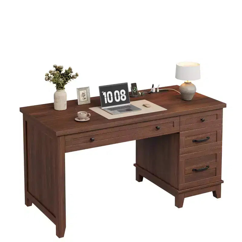 Bureau de direction avec tiroirs, bureau d'ordinateur de style rustique avec station de charge, bureau d'ordinateur en bois de 136 cm avec rangement pour dossiers