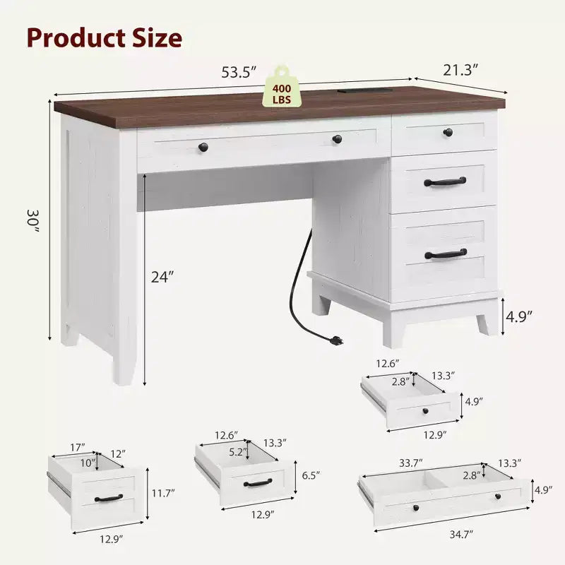 Bureau de direction avec tiroirs, bureau d'ordinateur de style rustique avec station de charge, bureau d'ordinateur en bois de 136 cm avec rangement pour dossiers
