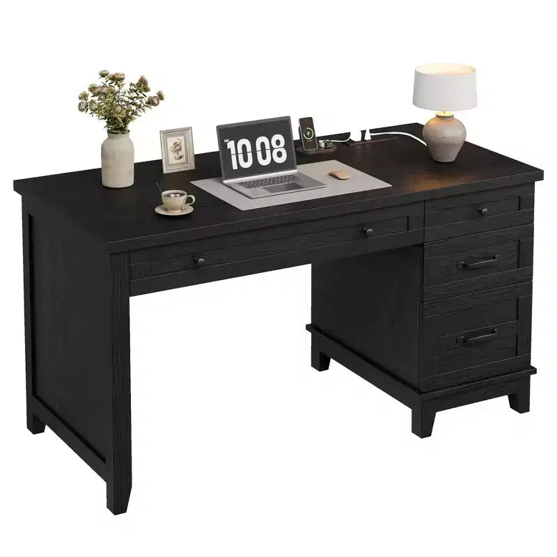 Bureau de direction avec tiroirs, bureau d'ordinateur de style rustique avec station de charge, bureau d'ordinateur en bois de 136 cm avec rangement pour dossiers