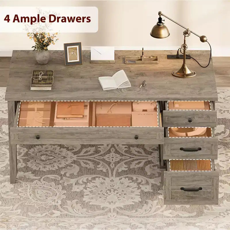 Bureau de direction avec tiroirs, bureau d'ordinateur de style rustique avec station de charge, bureau d'ordinateur en bois de 136 cm avec rangement pour dossiers