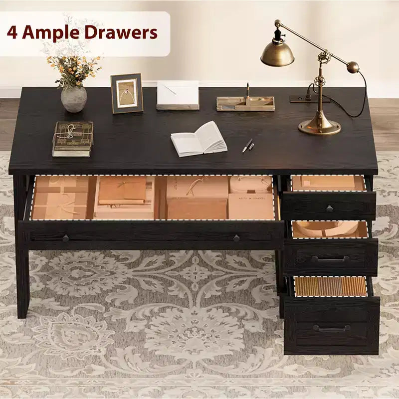 Bureau de direction avec tiroirs, bureau d'ordinateur de style rustique avec station de charge, bureau d'ordinateur en bois de 136 cm avec rangement pour dossiers