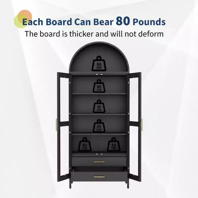 Meuble de Rangement Haut avec Portes Vitrées, 2 Tiroirs et Étagères Réglables pour Cuisine ou Salon, 55 po