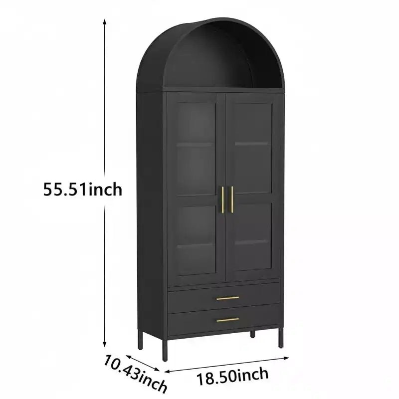 Meuble de Rangement Haut avec Portes Vitrées, 2 Tiroirs et Étagères Réglables pour Cuisine ou Salon, 55 po