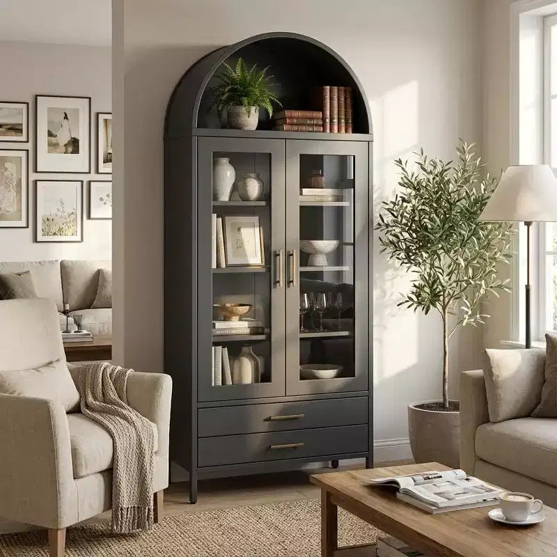 Meuble de Rangement Haut avec Portes Vitrées, 2 Tiroirs et Étagères Réglables pour Cuisine ou Salon, 55 po