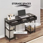 TUYOHW 47.2 Bureau d'ordinateur, bureau avec 3 tiroirs en tissu, 2 étagères réglables, cadre en acier, bureau d'écriture pour bureau à domicile, étude, chambre à coucher