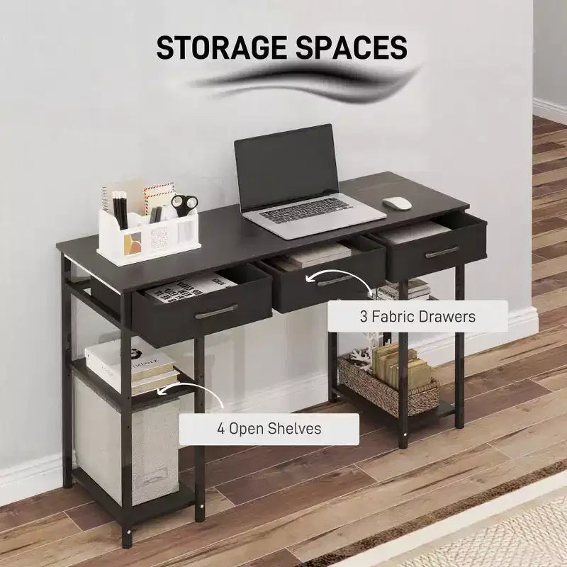 TUYOHW 47.2 Bureau d'ordinateur, bureau avec 3 tiroirs en tissu, 2 étagères réglables, cadre en acier, bureau d'écriture pour bureau à domicile, étude, chambre à coucher