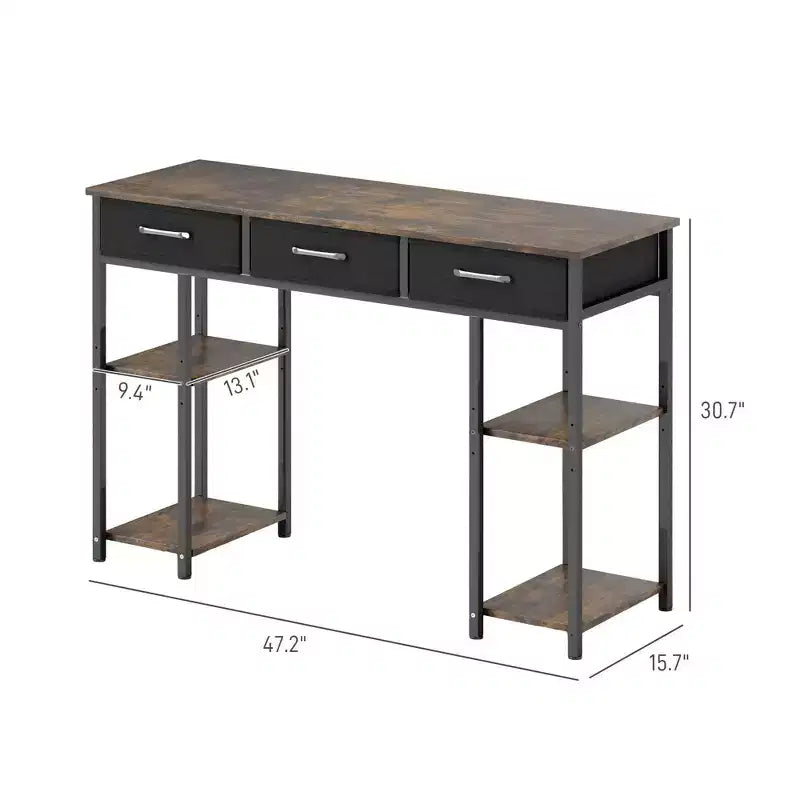 TUYOHW 47.2 Bureau d'ordinateur, bureau avec 3 tiroirs en tissu, 2 étagères réglables, cadre en acier, bureau d'écriture pour bureau à domicile, étude, chambre à coucher
