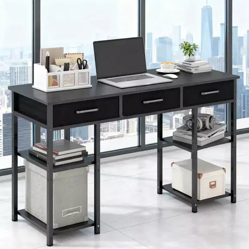 TUYOHW 47.2 Bureau d'ordinateur, bureau avec 3 tiroirs en tissu, 2 étagères réglables, cadre en acier, bureau d'écriture pour bureau à domicile, étude, chambre à coucher