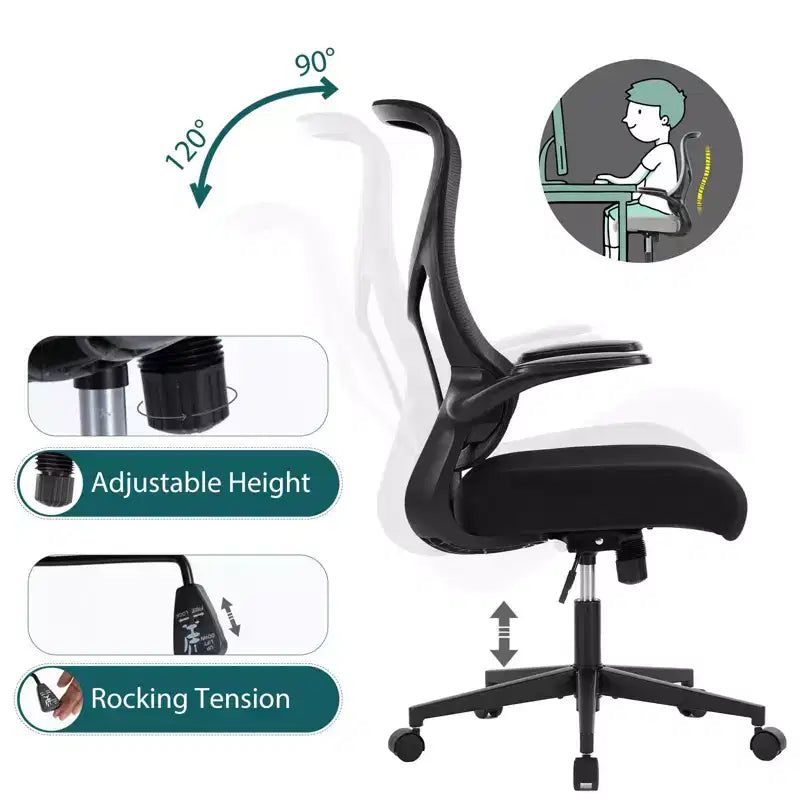 Chaise d'ordinateur ergonomique TUYOHW avec accoudoirs relevables, chaise de bureau avec support lombaire, chaise d'ordinateur pivotante à roulettes pour la maison, le bureau