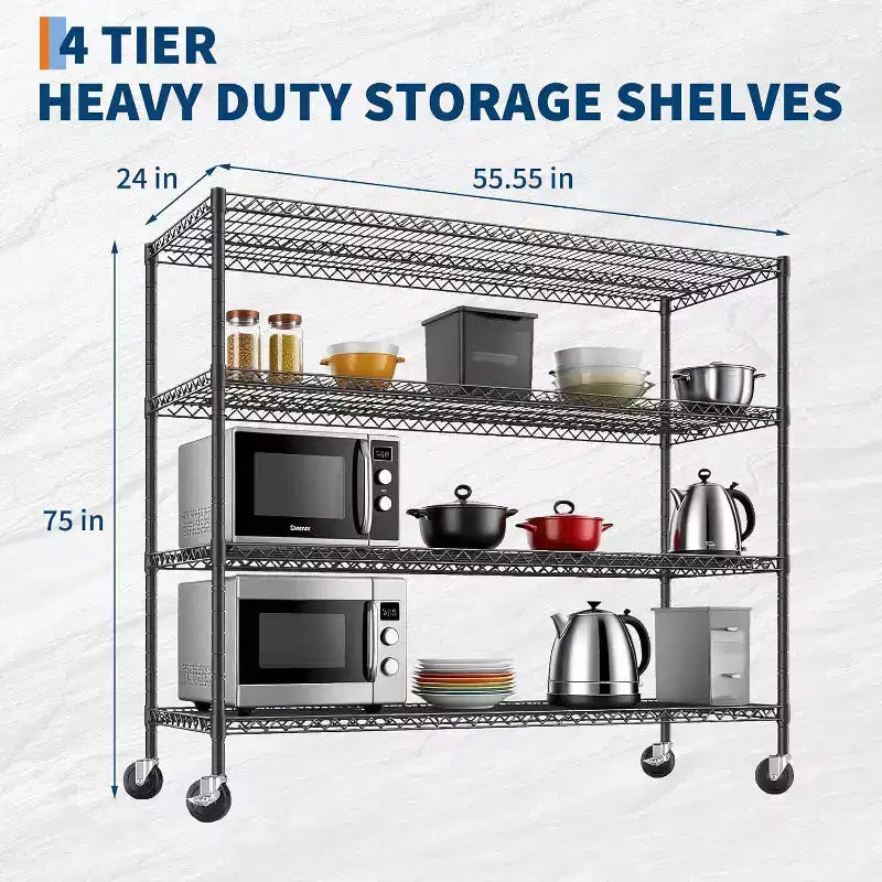 Étagère métallique à 4 niveaux robuste avec roulettes, 24P x 56L x 75H, capacité de 2200 livres, étagère de rangement métallique réglable, étagères industrielles
