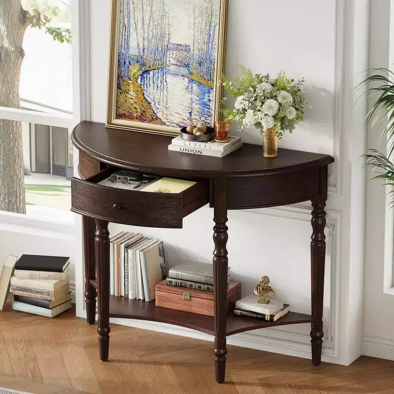 Console de salon Whisen Farmhouse Half Moon, Table d'appoint rustique, Table de canapé pour entrée avec tiroir et étagère