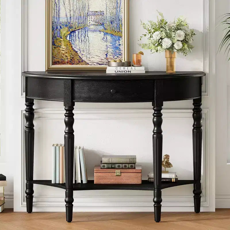 Console de salon Whisen Farmhouse Half Moon, Table d'appoint rustique, Table de canapé pour entrée avec tiroir et étagère