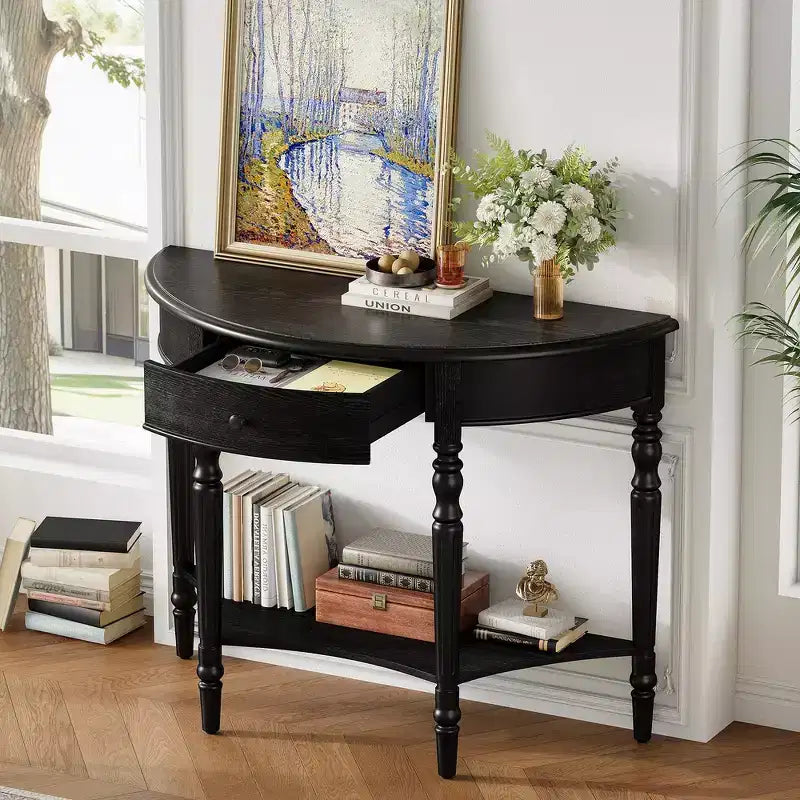 Console de salon Whisen Farmhouse Half Moon, Table d'appoint rustique, Table de canapé pour entrée avec tiroir et étagère