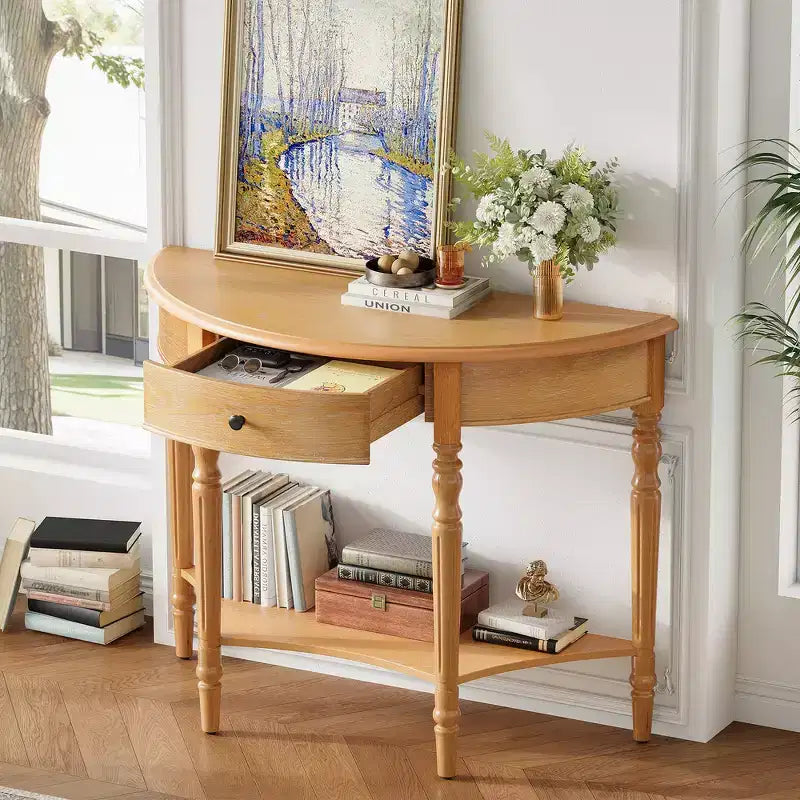 Console de salon Whisen Farmhouse Half Moon, Table d'appoint rustique, Table de canapé pour entrée avec tiroir et étagère