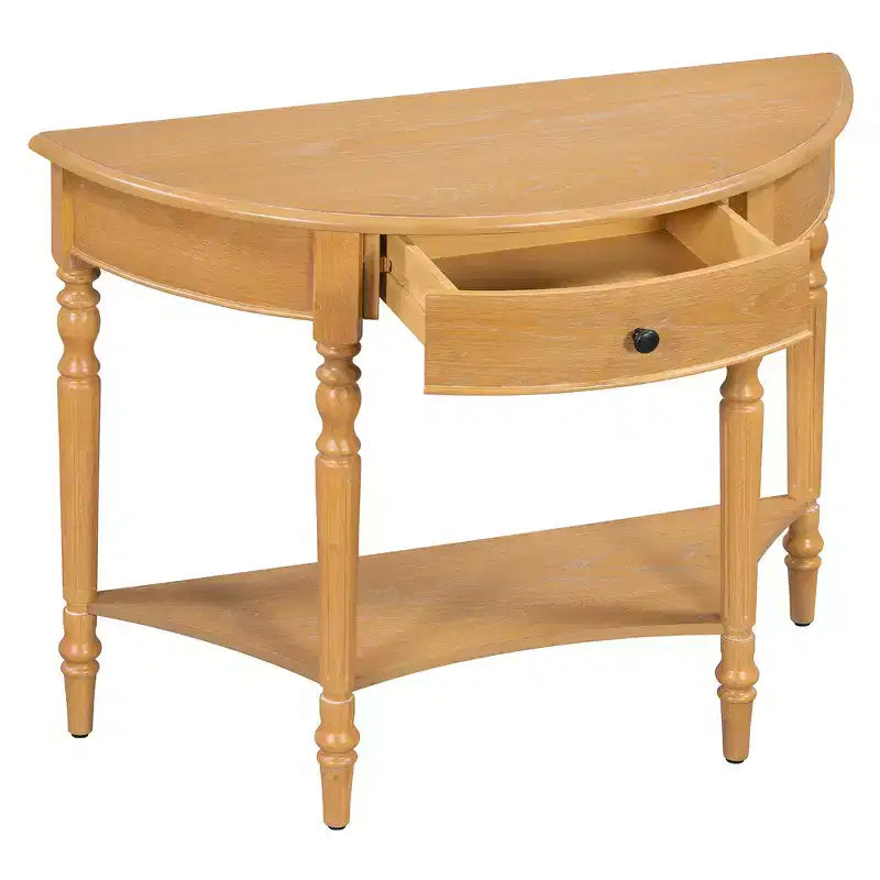 Console de salon Whisen Farmhouse Half Moon, Table d'appoint rustique, Table de canapé pour entrée avec tiroir et étagère