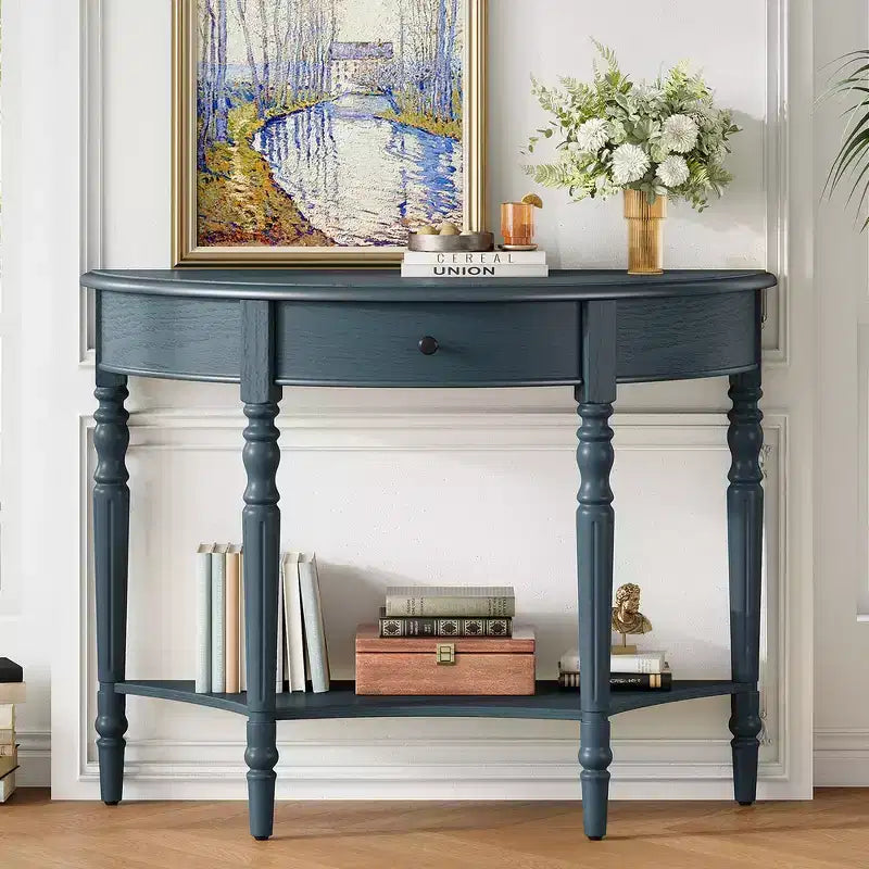 Console de salon Whisen Farmhouse Half Moon, Table d'appoint rustique, Table de canapé pour entrée avec tiroir et étagère