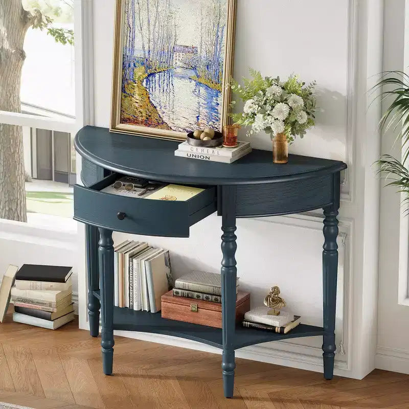 Console de salon Whisen Farmhouse Half Moon, Table d'appoint rustique, Table de canapé pour entrée avec tiroir et étagère
