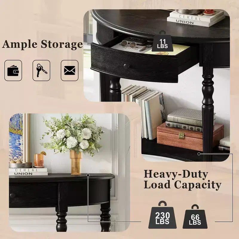 Console de salon Whisen Farmhouse Half Moon, Table d'appoint rustique, Table de canapé pour entrée avec tiroir et étagère