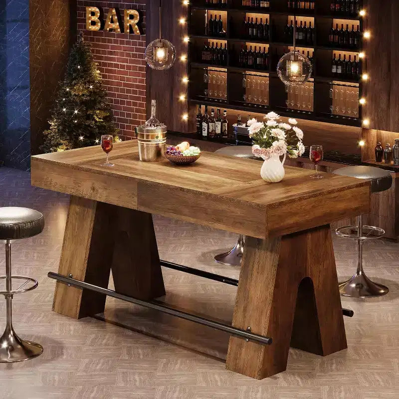Table de bar Lantine de 63 pouces avec repose-pieds en métal, table de salle à manger haute pour bar à la maison, cuisine, marron rustique