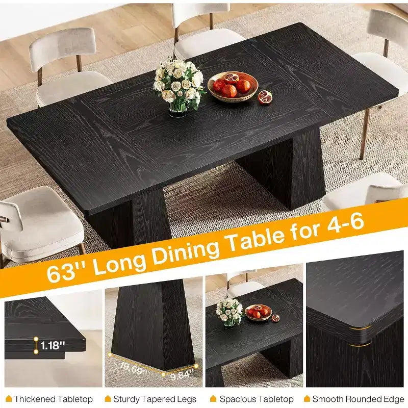 Table à manger Lantine noire de 63 pouces pour 4 à 6 personnes, table de cuisine moderne avec pieds coniques en bois pour salle à manger, cuisine, salon