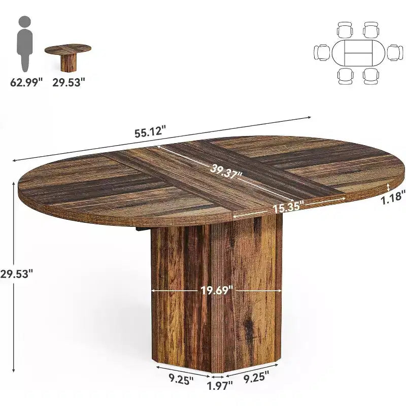 Table à manger ovale rustique Lantine de 55 pouces pour 6 personnes, table de cuisine en bois avec base en bois pour cuisine, salle à manger et salon, marron