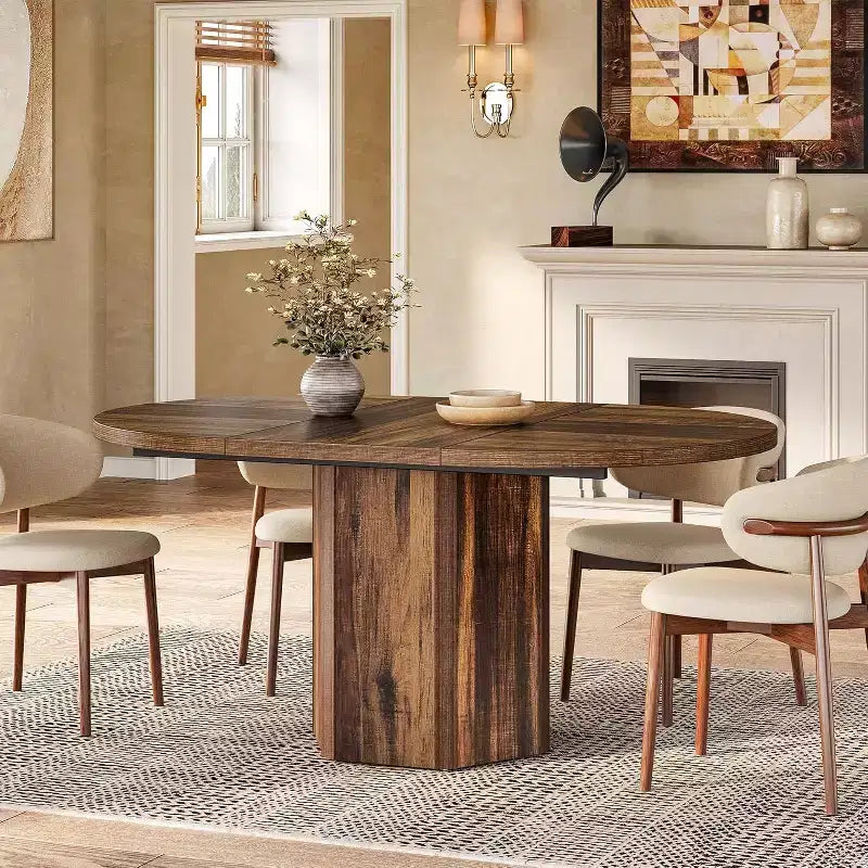 Table à manger ovale rustique Lantine de 55 pouces pour 6 personnes, table de cuisine en bois avec base en bois pour cuisine, salle à manger et salon, marron
