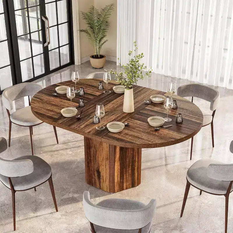 Table à manger ovale rustique Lantine de 55 pouces pour 6 personnes, table de cuisine en bois avec base en bois pour cuisine, salle à manger et salon, marron