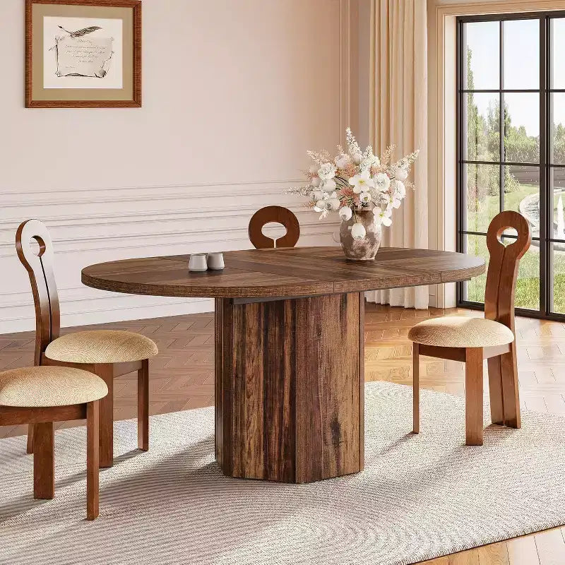 Table à manger ovale rustique Lantine de 55 pouces pour 6 personnes, table de cuisine en bois avec base en bois pour cuisine, salle à manger et salon, marron