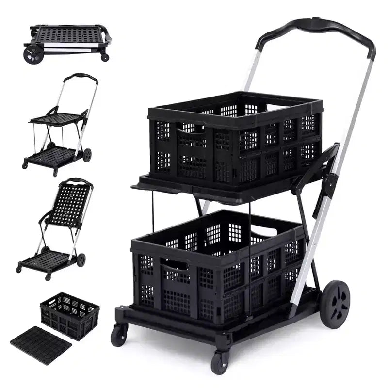 Acekool 2 Layer Folding Shopping Cart with 360 Swivel Wheels and Storage Crate, Black