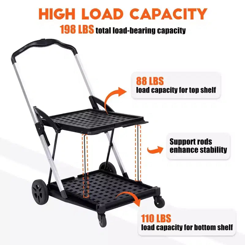 Chariot de courses pliable Acekool à 2 niveaux avec roues pivotantes à 360° et caisse de rangement, noir