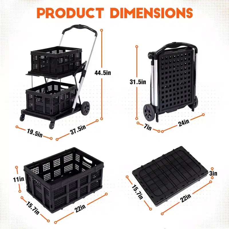 Chariot de courses pliable Acekool à 2 niveaux avec roues pivotantes à 360° et caisse de rangement, noir