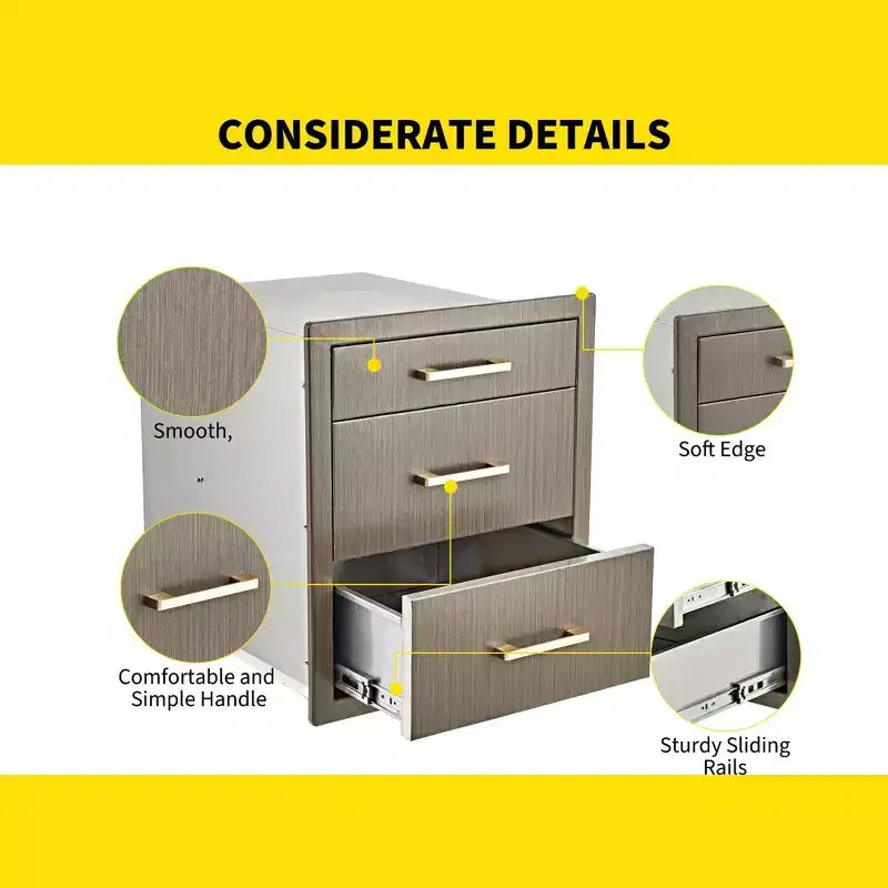 Tiroirs de cuisine extérieure 17 L x 20 H x 20 P, Triple tiroir BBQ encastrable avec poignée en acier inoxydable pour cuisines extérieures, îlot BBQ