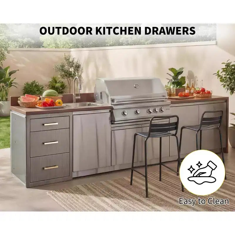 Tiroirs de cuisine extérieure 17 L x 20 H x 20 P, Triple tiroir BBQ encastrable avec poignée en acier inoxydable pour cuisines extérieures, îlot BBQ