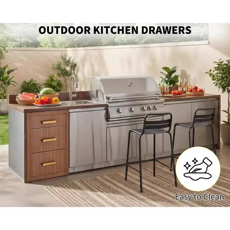 Tiroirs de cuisine extérieure 17 L x 20 H x 20 P, Triple tiroir BBQ encastrable avec poignée en acier inoxydable pour cuisines extérieures, îlot BBQ