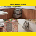 Tiroirs de cuisine extérieure 17 L x 20 H x 20 P, Triple tiroir BBQ encastrable avec poignée en acier inoxydable pour cuisines extérieures, îlot BBQ