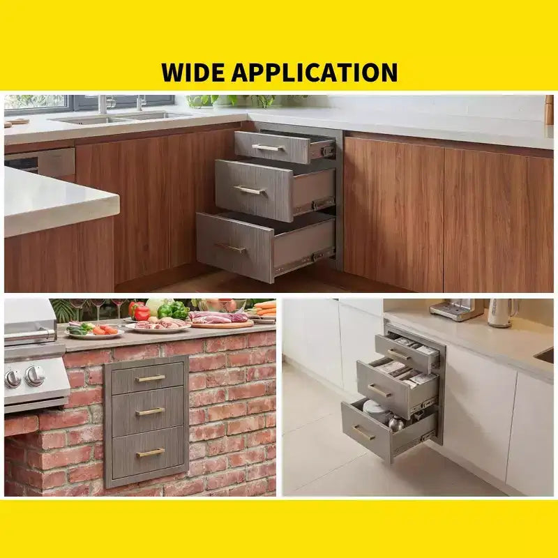 Tiroirs de cuisine extérieure 17 L x 20 H x 20 P, Triple tiroir BBQ encastrable avec poignée en acier inoxydable pour cuisines extérieures, îlot BBQ