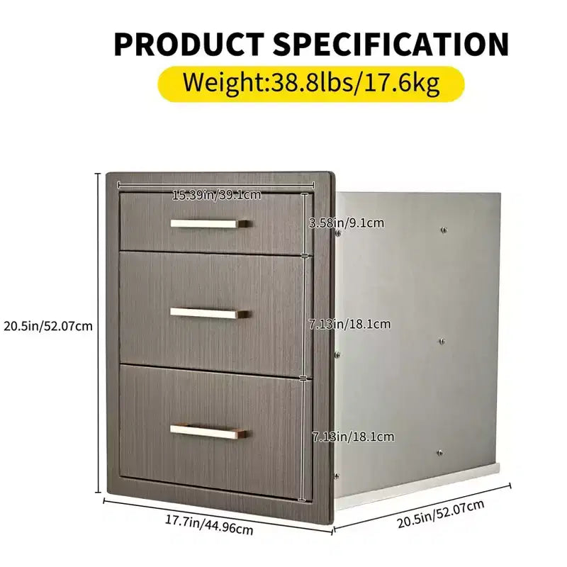 Tiroirs de cuisine extérieure 17 L x 20 H x 20 P, Triple tiroir BBQ encastrable avec poignée en acier inoxydable pour cuisines extérieures, îlot BBQ