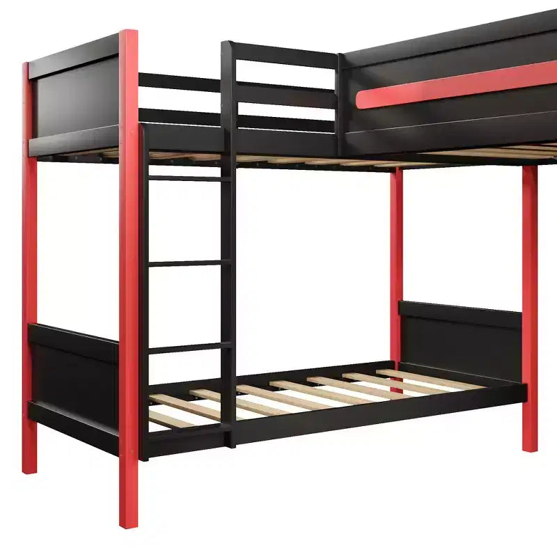 Whisen Lit superposé en L de taille double avec lit mezzanine de jeu de taille double, bureau intégré, étagères - Noir et Rouge