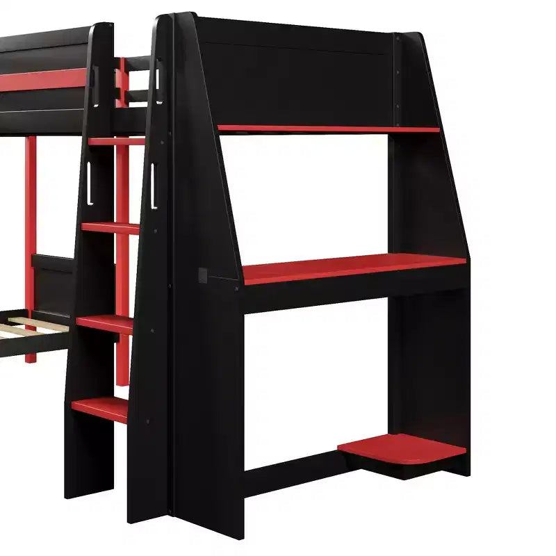 Whisen Lit superposé en L de taille double avec lit mezzanine de jeu de taille double, bureau intégré, étagères - Noir et Rouge